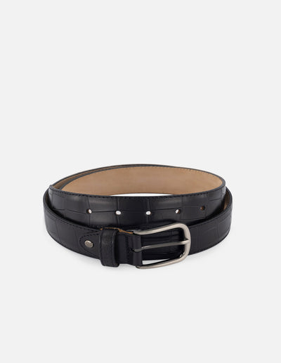 Cinturón en piel tipo coco color negro con pasandino en piel grabada para hombre