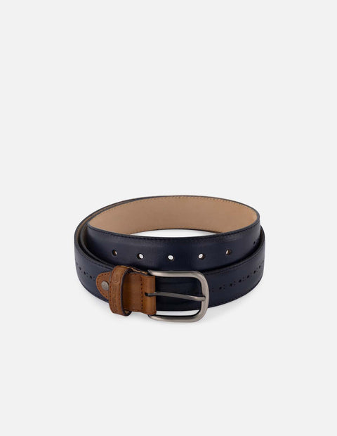 Cinturón en piel napa color azul marino con detalle en picado María para hombre