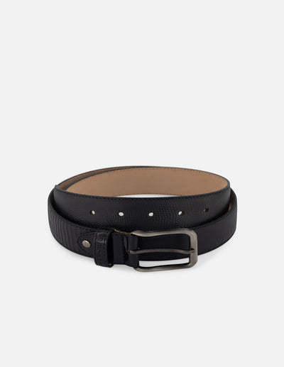 Cinturón en piel con acabado tipo tejus color negro para hombre