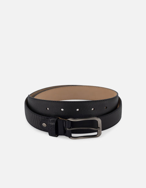 Cinturón en piel con acabado tipo tejus color negro para hombre
