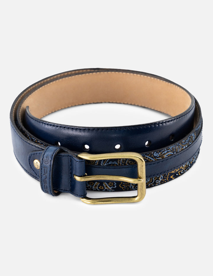 Cinturón en piel napa con textil  tipo paisley  color azul para hombre