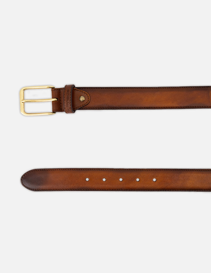 Cinturón en piel napa con textil  tipo paisley  color cuero para hombre