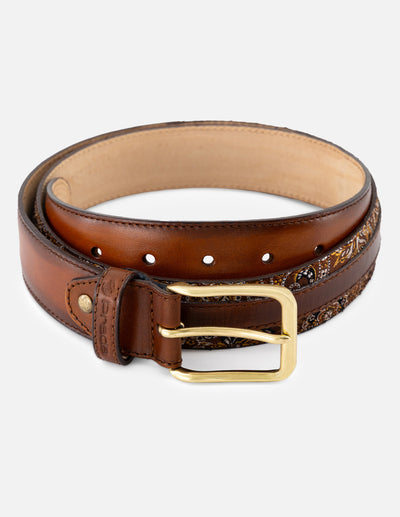 Cinturón en piel napa con textil  tipo paisley  color cuero para hombre
