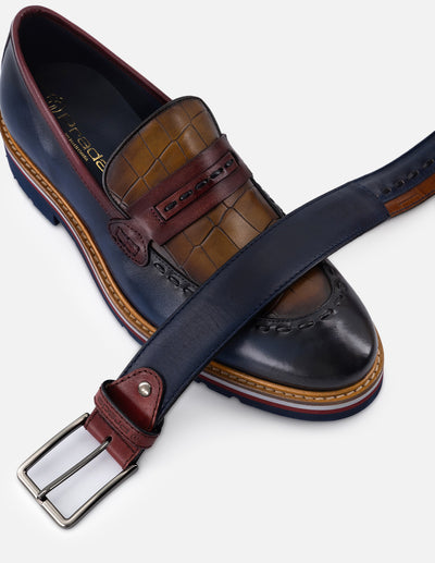 Cinturón en piel multicolor con grabado tipo coco para hombre