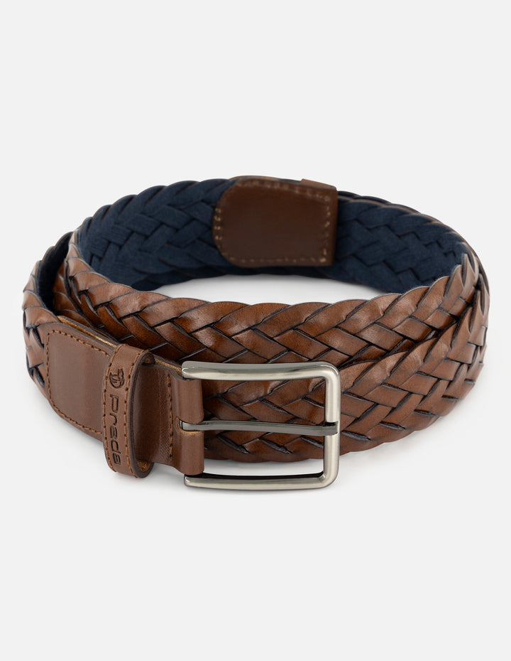 Cinturón en piel reciclada trenzada color cuero para hombre