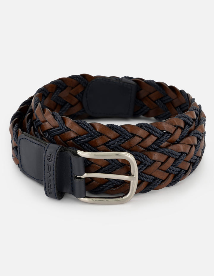 Cinturón en piel reciclada trenzada color marino y cuero para hombre