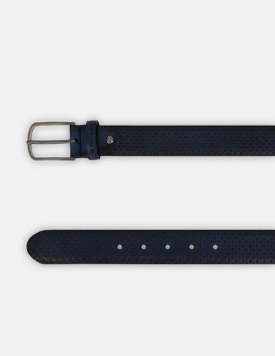 Cinturón azul piel para hombre con hebilla plateada