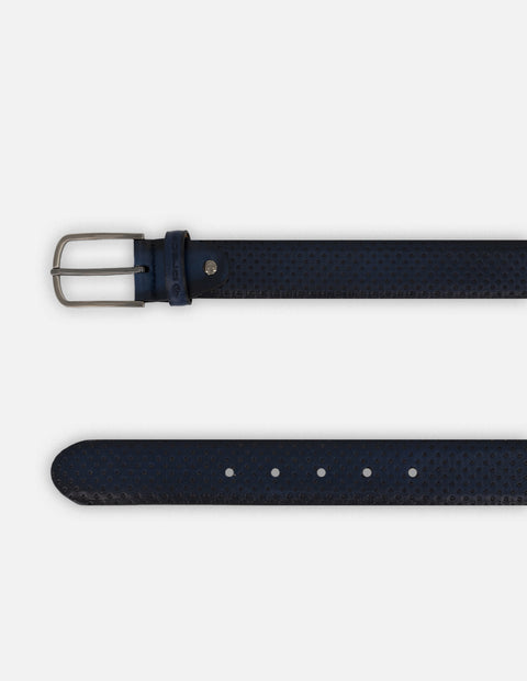 Cinturón azul piel para hombre con hebilla plateada