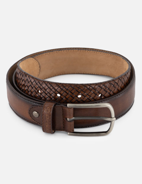 Cinturón color café en piel trenzada para hombre