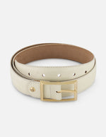 Cinturón blanco piel tipo tejus para mujer con hebilla dorada