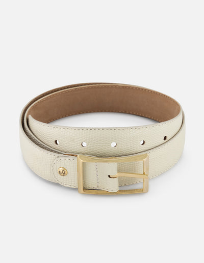 Cinturón blanco piel tipo tejus para mujer con hebilla dorada