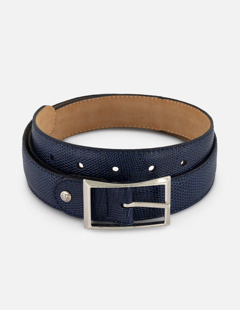 Cinturón azul piel tipo tejus para mujer con hebilla dorada