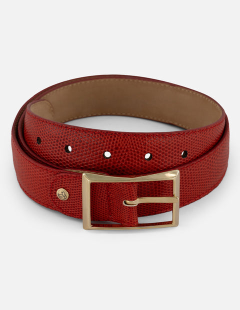 Cinturón rojo piel tipo tejus para mujer con hebilla dorada