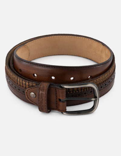 Cinturón café en piel textil para hombre con combinación de materiales