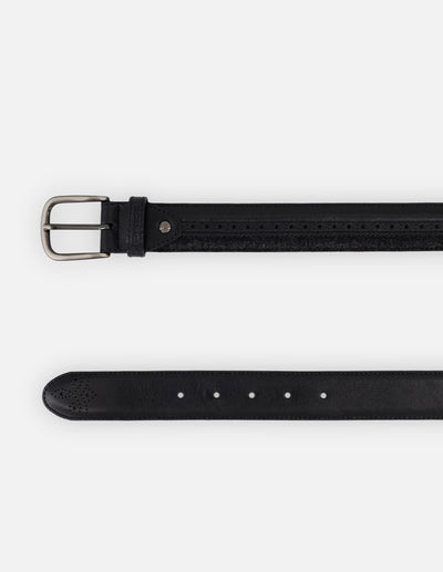 Cinturón negro piel y textil para hombre con picado maría