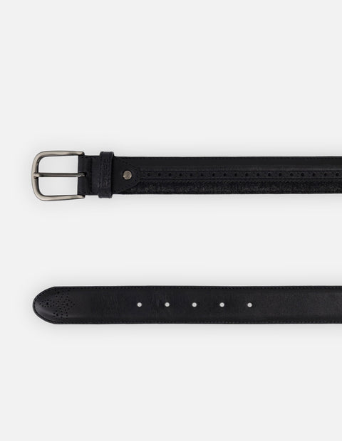 Cinturón negro piel y textil para hombre con picado maría