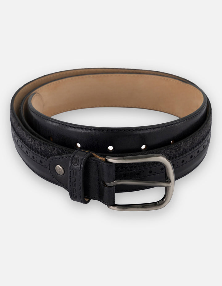 Cinturón negro piel y textil para hombre con picado maría