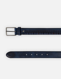 Cinturón azul piel y textil para hombre con picado frontal