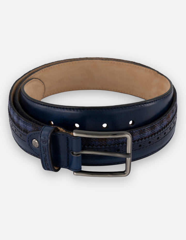 Cinturón azul piel y textil para hombre con picado frontal