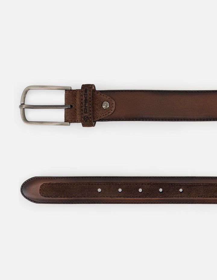 Cinturón color café en piel ante para hombre con combinación de materiales