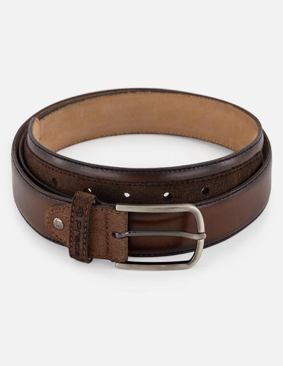 Cinturón color café en piel ante para hombre con combinación de materiales