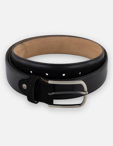 Cinturón negro en piel para hombre con combinación de napa y ante