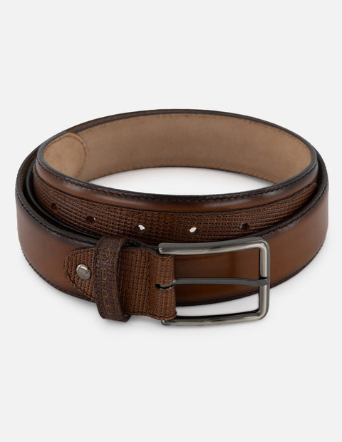 Cinturón color cuero en piel grabada para hombre con efecto aerógrafo