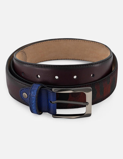 Cinturón vino en piel textil para hombre con combinación de materiales