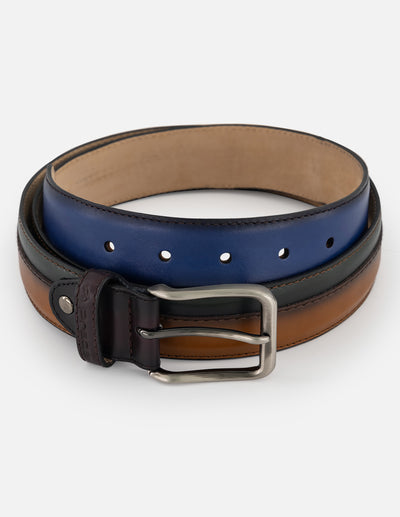 Cinturón multicolor en piel con hebilla plateada para hombre