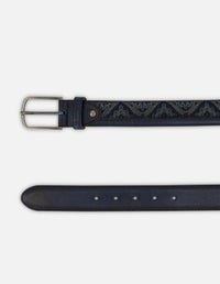 Cinturón azul en piel y textil con diseño ornamental para hombre