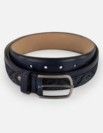 Cinturón azul en piel y textil con diseño ornamental para hombre