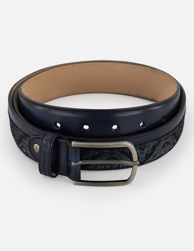 Cinturón azul en piel y textil con diseño ornamental para hombre