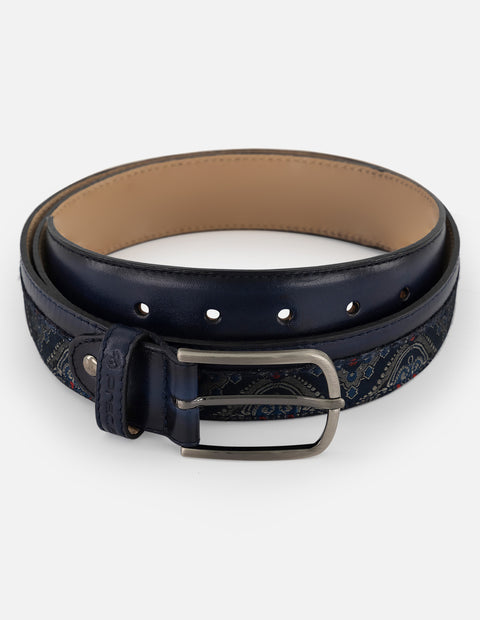 Cinturón azul en piel y textil con diseño ornamental para hombre