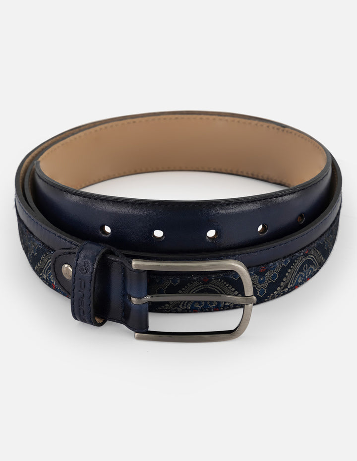 Cinturón azul en piel y textil con diseño ornamental para hombre