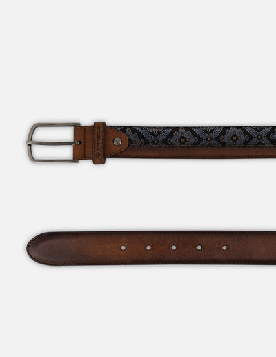 Cinturón café piel para hombre con combinación textil ornamental