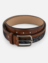 Cinturón café piel para hombre con combinación textil ornamental