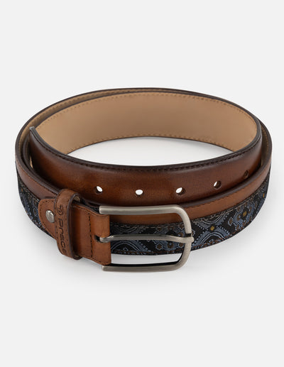 Cinturón café piel para hombre con combinación textil ornamental