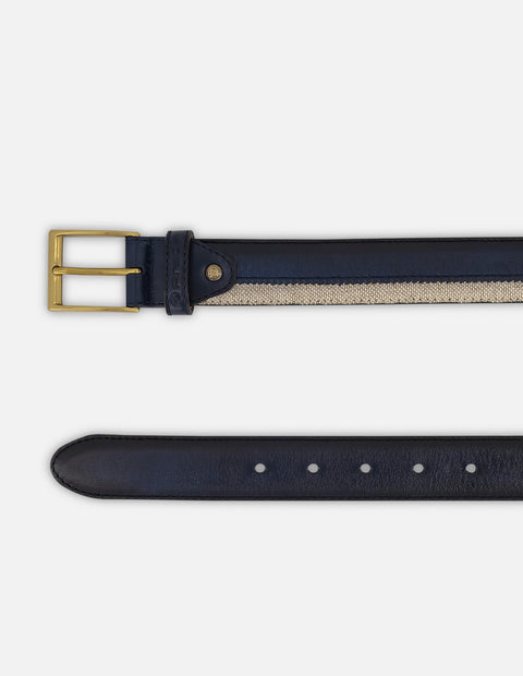 Cinturón café en piel y textil para hombre con combinación de materiales