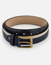 Cinturón café en piel y textil para hombre con combinación de materiales