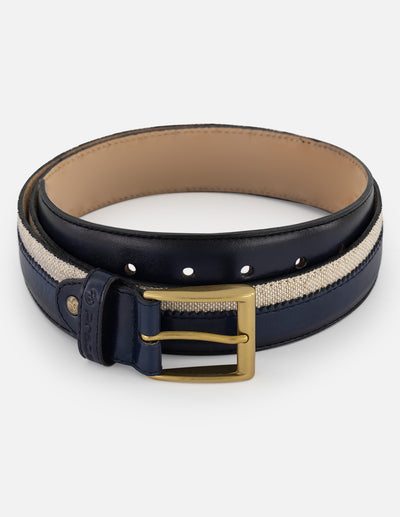 Cinturón café en piel y textil para hombre con combinación de materiales