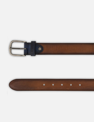 Cinturón azul en piel y textil para hombre con combinación de materiales