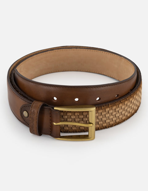 Cinturón café en piel y textil para hombre tipo canasta