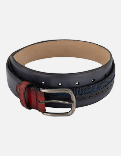 Cinturón azul en piel grabada para hombre con diseño tipo malla