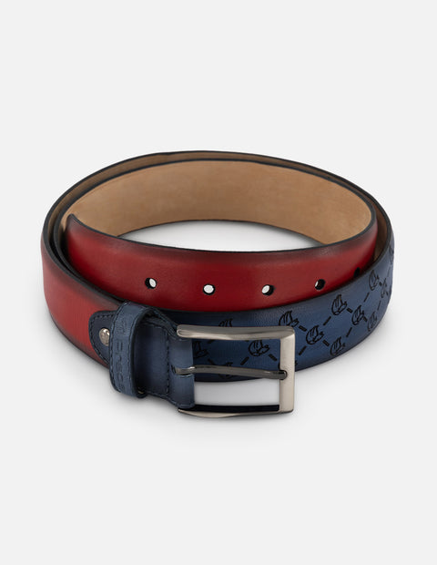 Cinturón bicolor en piel para hombre con patrón grabado de león