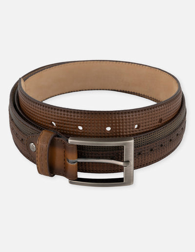 Cinturón multicolor en piel grabada para hombre con perforado decorativo