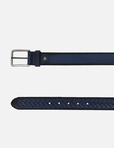 Cinturón azul piel para hombre con diseño trenzado