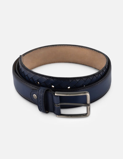 Cinturón azul piel para hombre con diseño trenzado