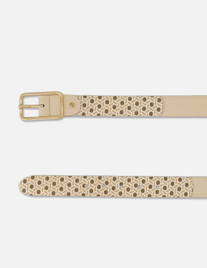 Cinturón beige piel para mujer con acabado geométrico