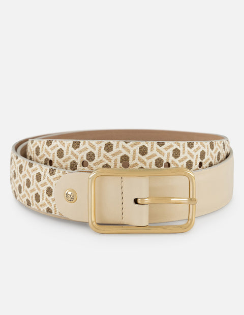 Cinturón beige piel para mujer con acabado geométrico