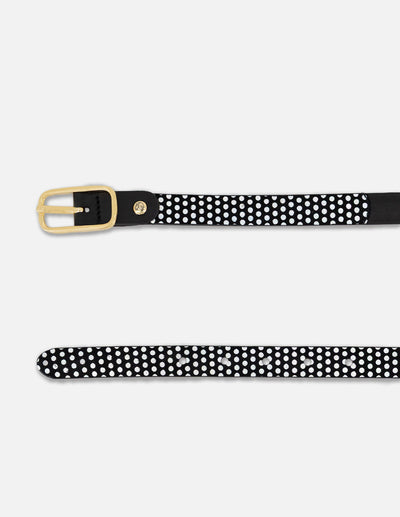Cinturón en piel negra con estampado de puntos para mujer